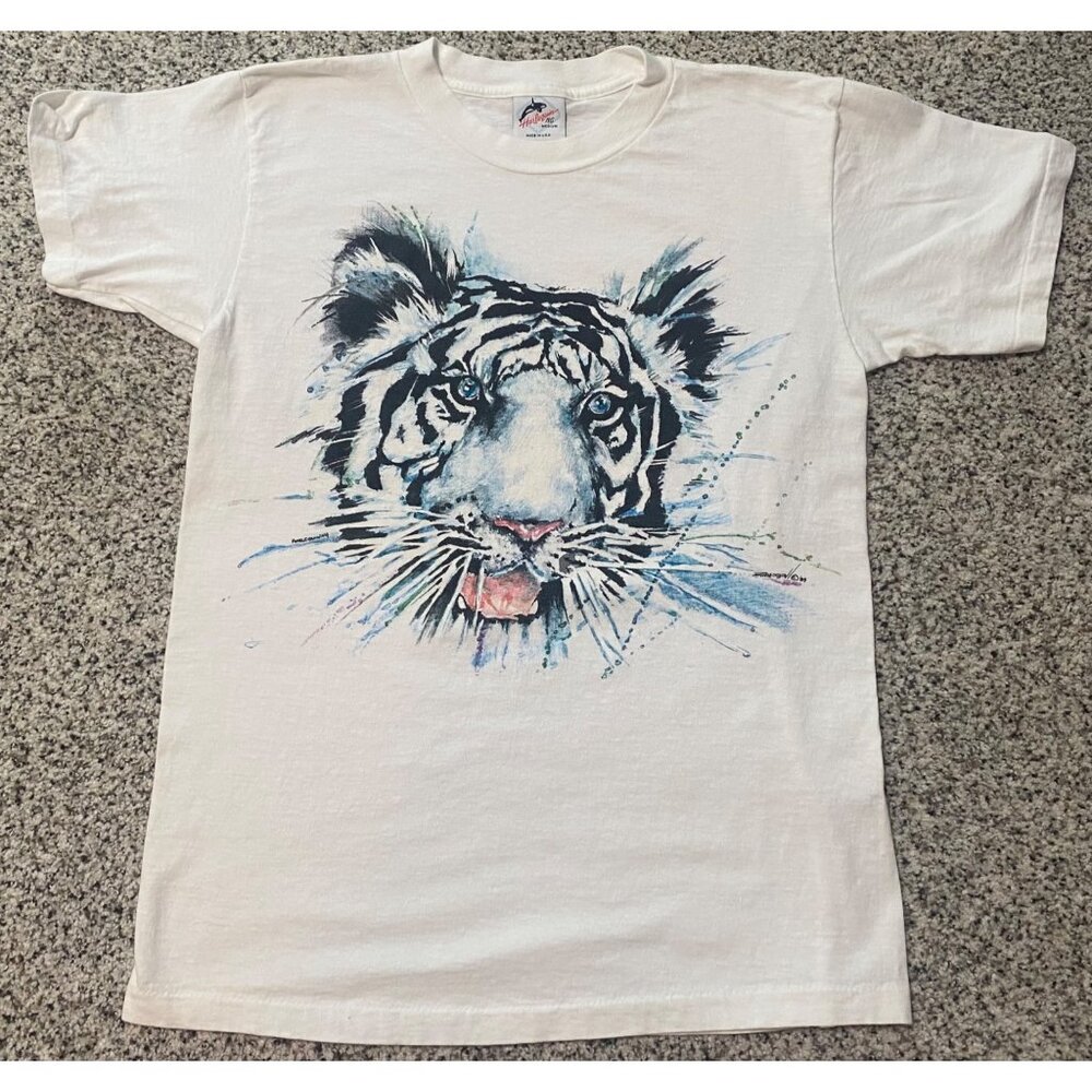 1989 Vintage Harlequin Mills USA White Tiger Short Sleeve Shirt MEDIUM Cat